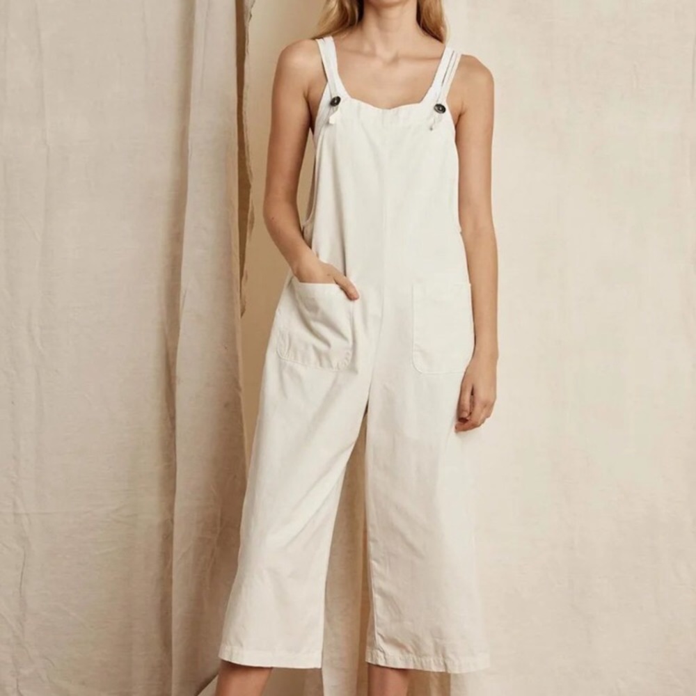 ISO Velvet by Graham & Spencer Brianna Ecru cotton canvas crop overalls size L!